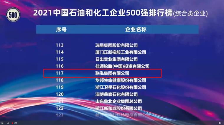 2021中国石油和化工企业500强发布 联泓上榜